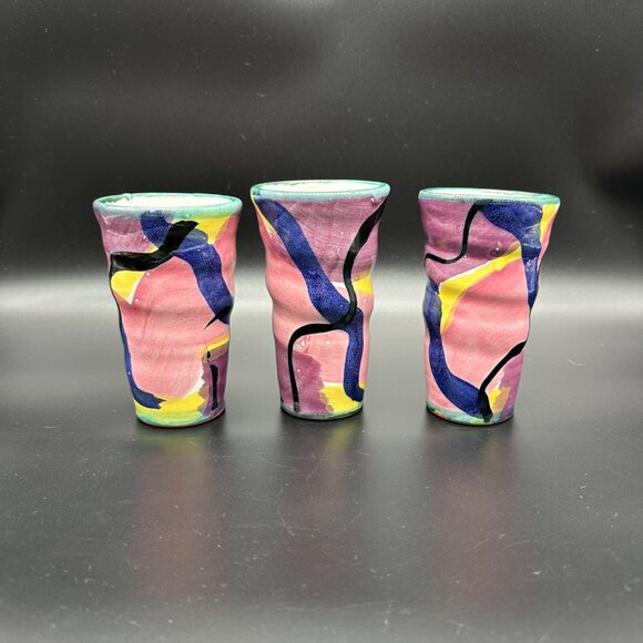 Art Pottery Tumblers Cups Redware Abstract Colorful Signed KE Handmade Painted - Picture 5 of 11
